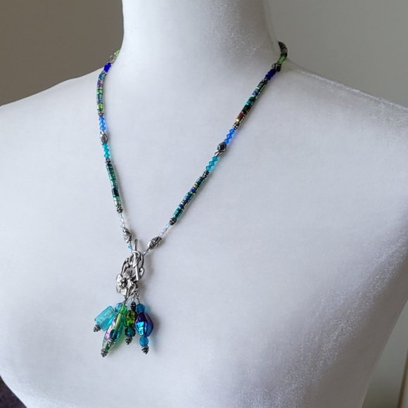 Handmade Beaded Mermaid Necklace with Silver Flower Toggle Clasp 24" - Picture 1 of 13